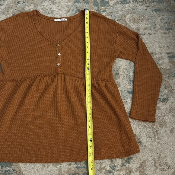 PINKMSTYLE mustard orange V Neck Waffle Long Sleeve Shirt Button Front Size M - Picture 8 of 9